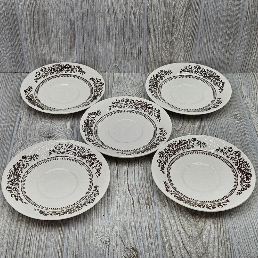 Royal China Sussex Ironstone Saucers Set of 5 Brown Floral USA Made 6in