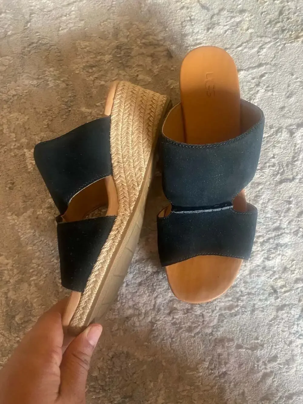 UGG Elena Black Suede Espadrille Wedge Slide Sandals