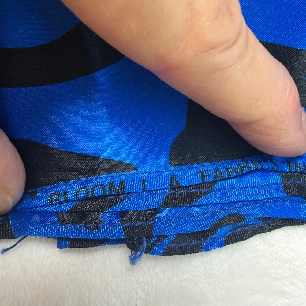 VTG 1987 Bloom LA Fabrics Royal Blue Black Abstract Geometric Satin Scarf 54x10.