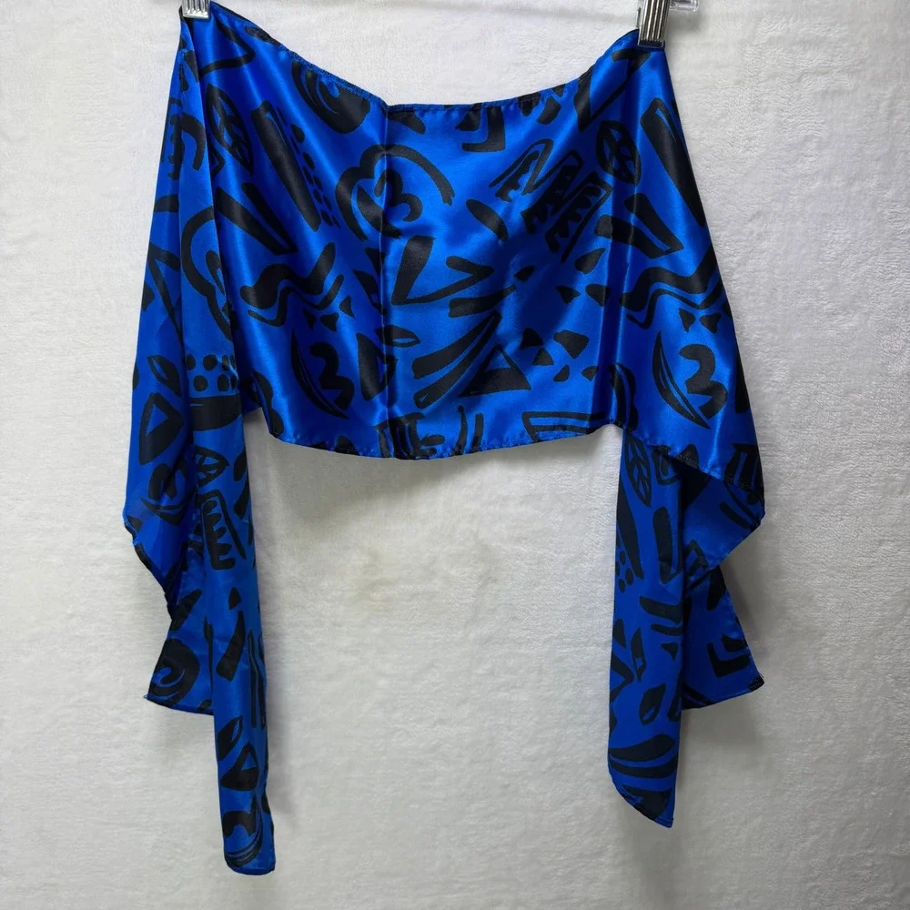 VTG 1987 Bloom LA Fabrics Royal Blue Black Abstract Geometric Satin Scarf 54x10.