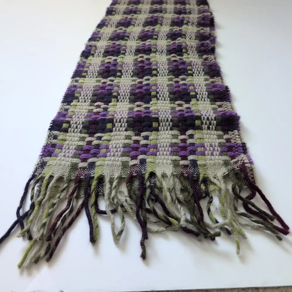 ECHO‎ Scarf Italian Knit Woven Plaid Purple Tan Gray Green Fringe - Wool Blend