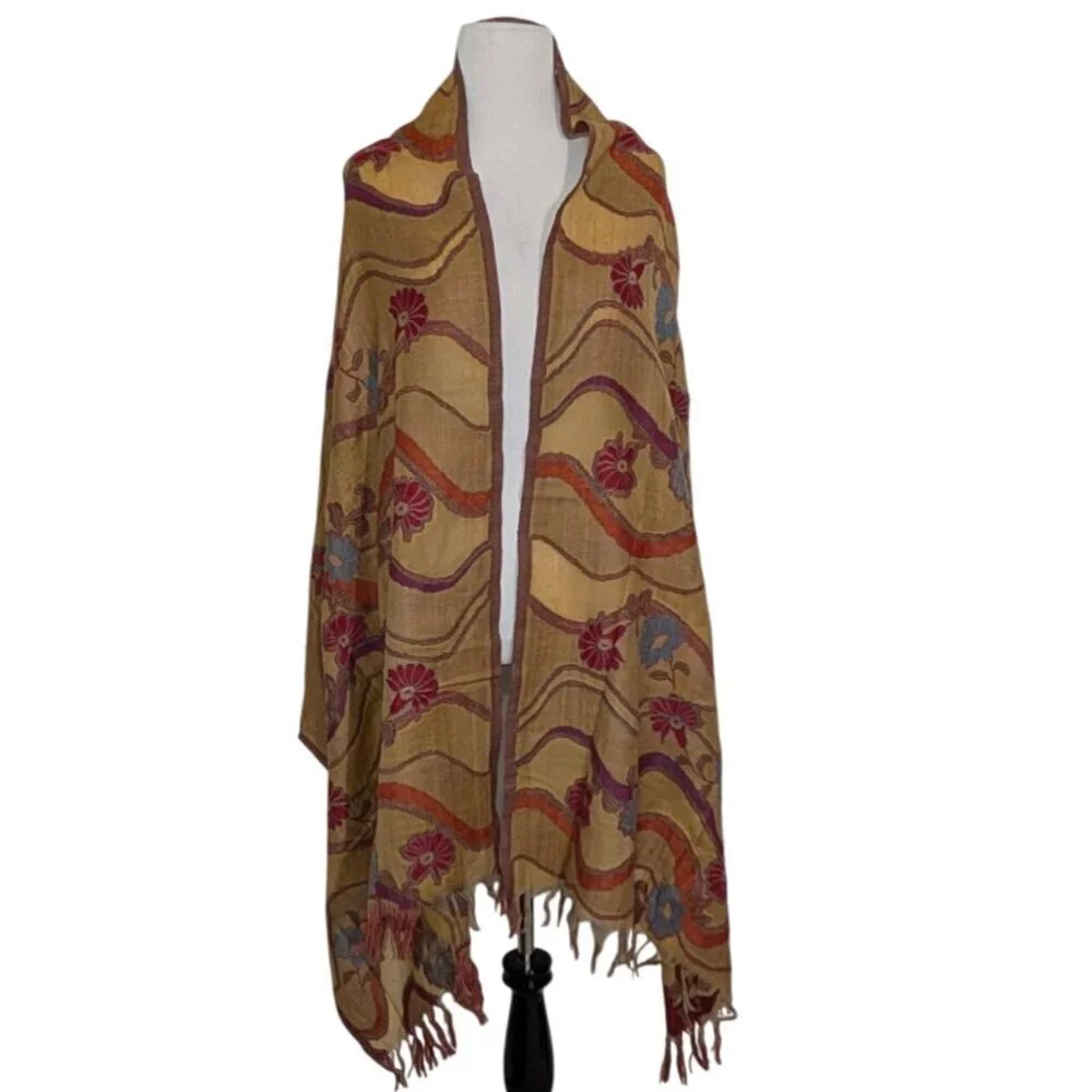 100% Pure New Wool Floral Scarf Beige Fringe Boho Rectangle Lightweight