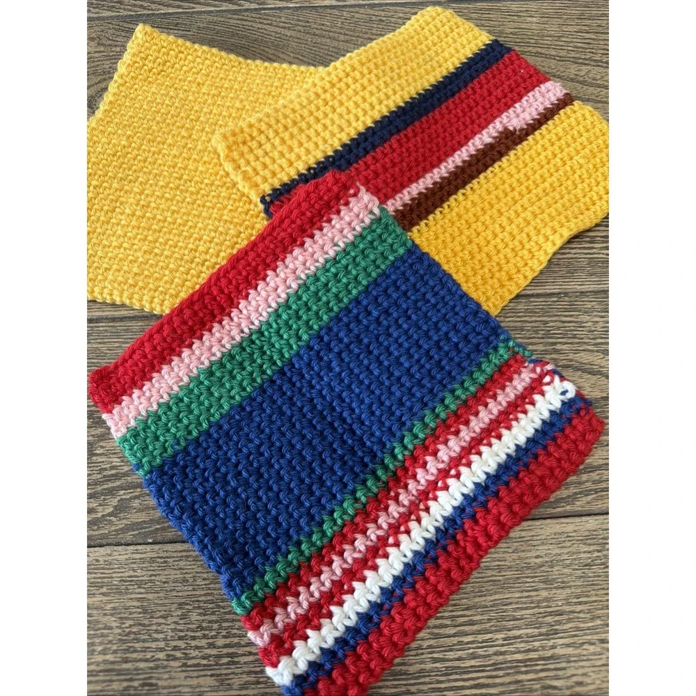 VTG Knit Handmade Pot‎ Holders Set Of 3 Multicolored
