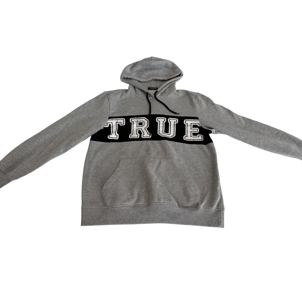 True Religion Mens Heather Gray Logo Pullover Hoodie Sweatshirt Distressed Print