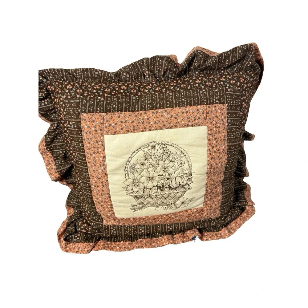 VTG Throw Pillow Quilt Brown pink‎ Floral Grandmacore 14x14