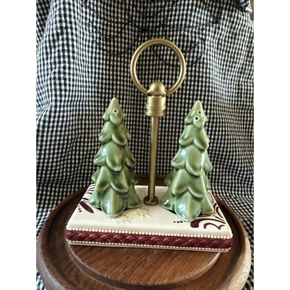 Grassland Roads Christmas Tree Salt & Pepper Shaker’s W/stand Ceramic Holiday