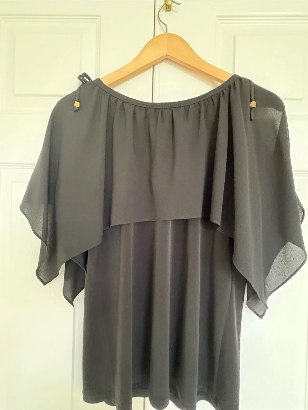 Michael Kors Black Cold-Shoulder Black Ruffle Top with Tie Details