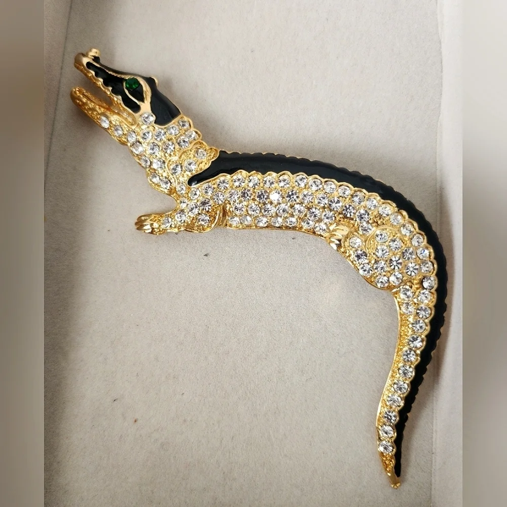 Large Statement Alligator Crocodile Austrian Crystal and Enamel Brooch Pin