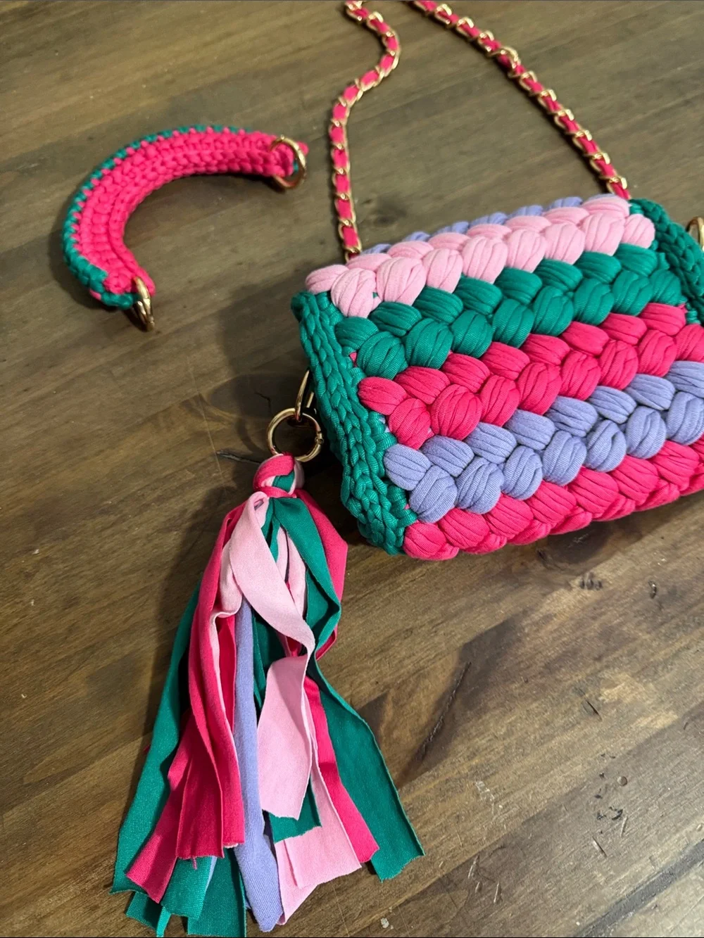 Colorful Woven Crochet Crossbody Bag Pink Teal Lavender Tassel