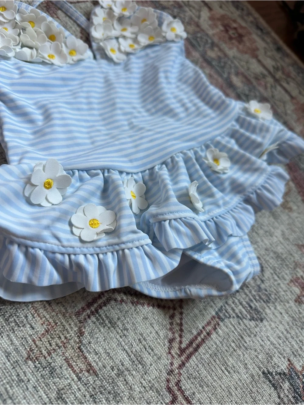 Little Me Light Blue & White Striped Daisy Ruffle One-Piece 12M