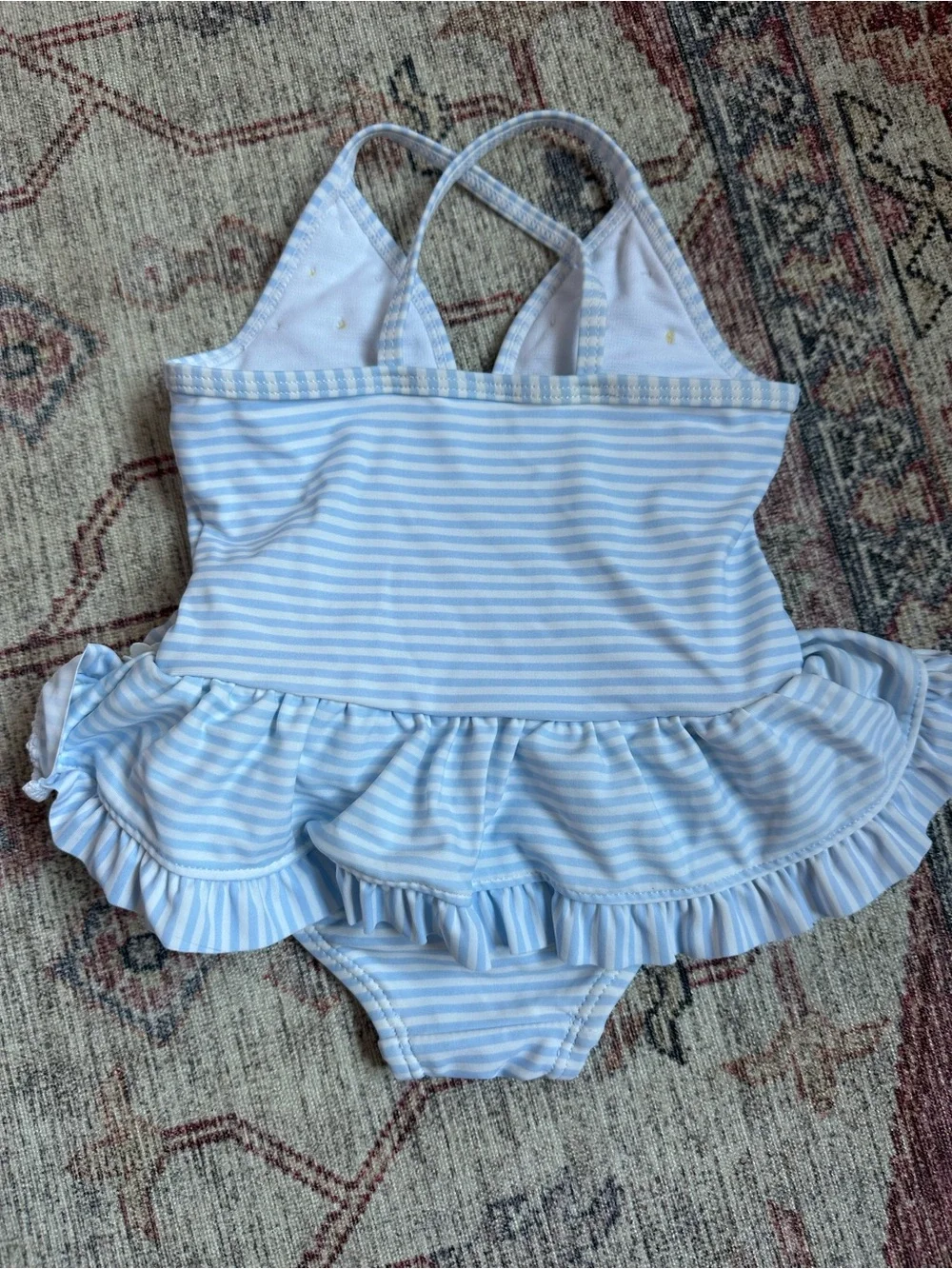 Little Me Light Blue & White Striped Daisy Ruffle One-Piece 12M