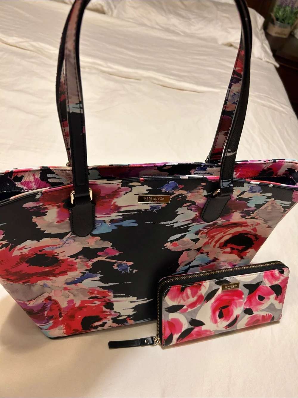 kate spade Black Floral Tote with Matching Wallet - Pink & Red Floral