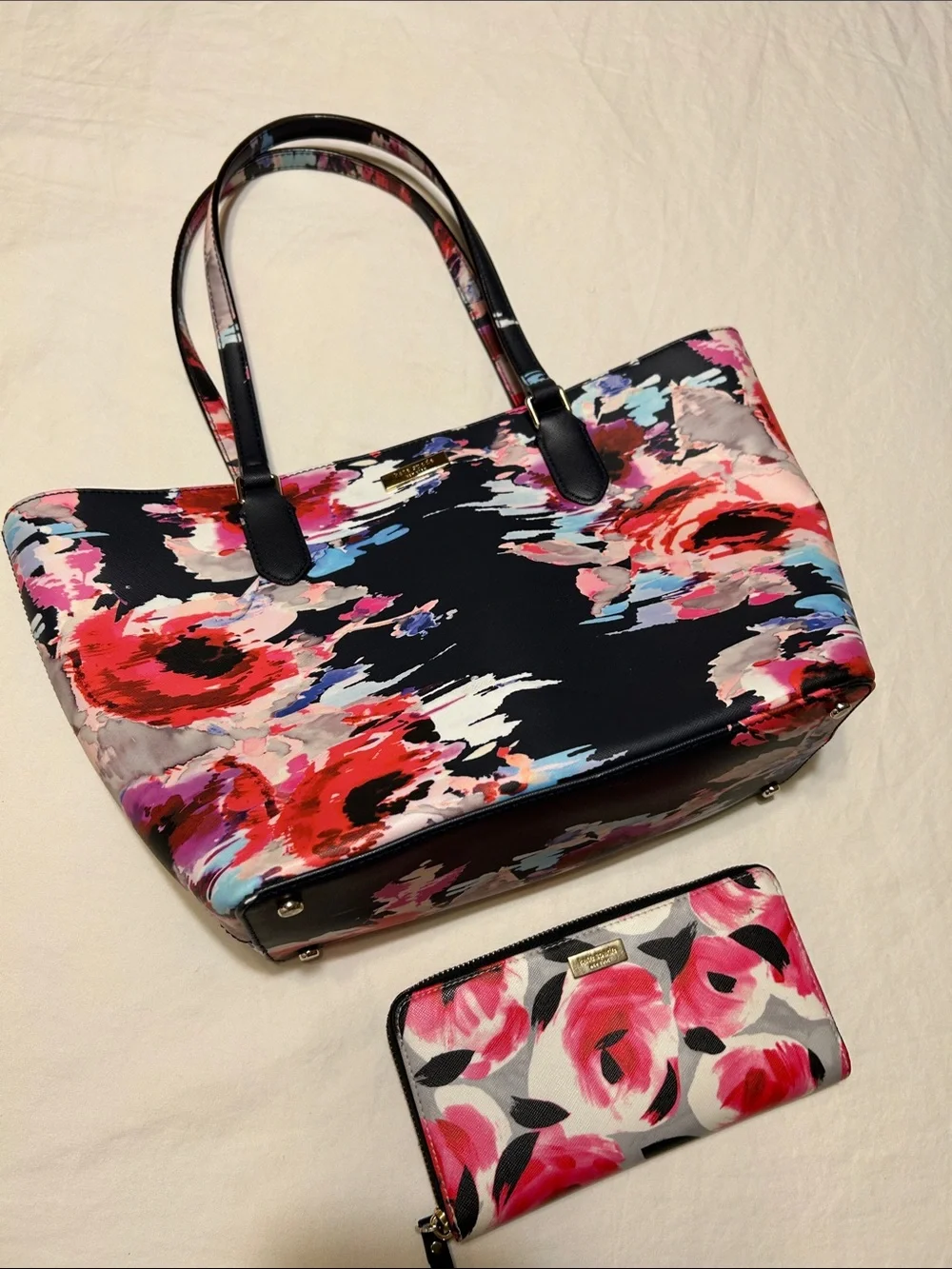 kate spade Black Floral Tote with Matching Wallet - Pink & Red Floral