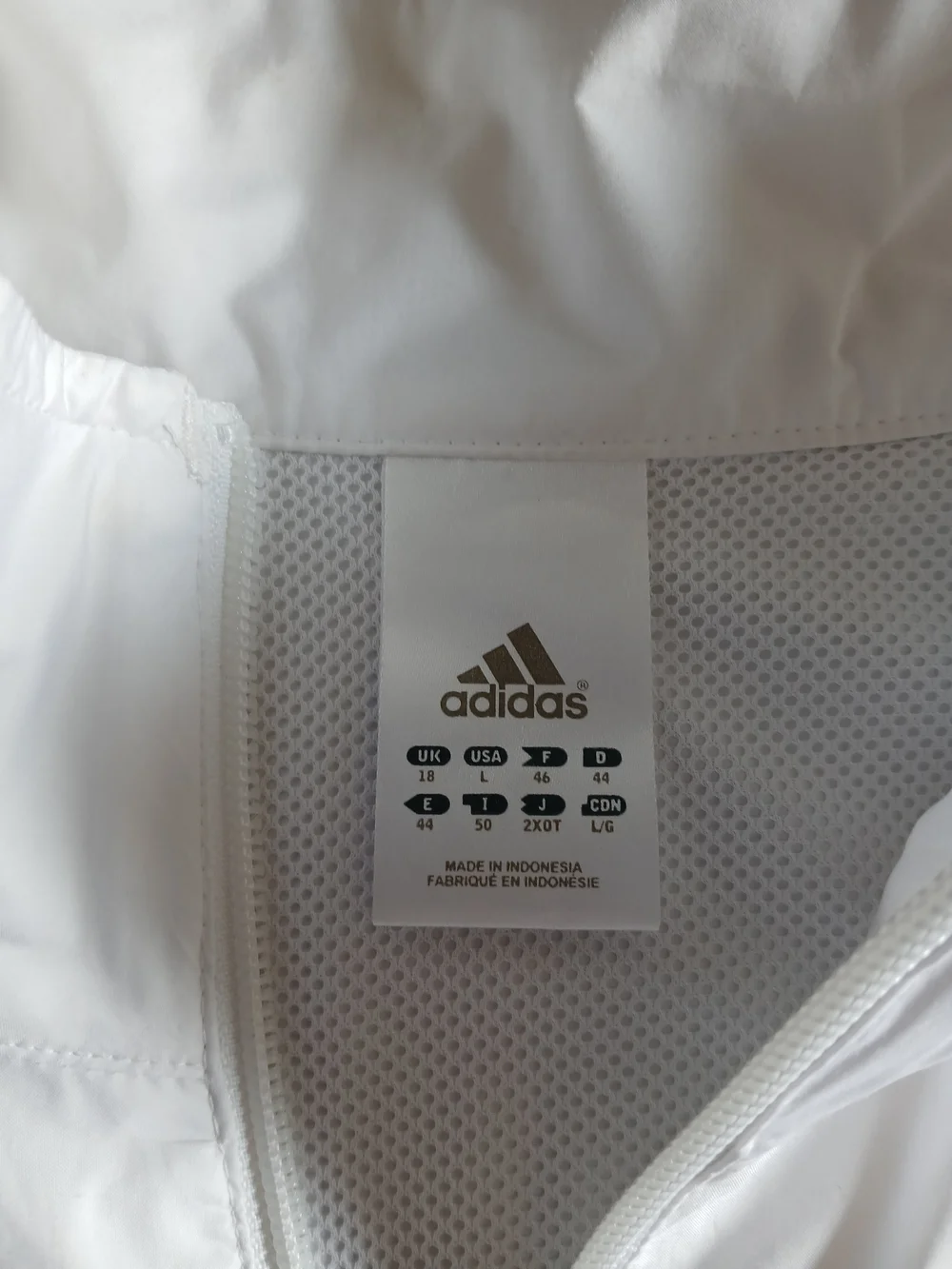 adidas Mens White Windbreaker with Blue Chevron Stripes and Logo