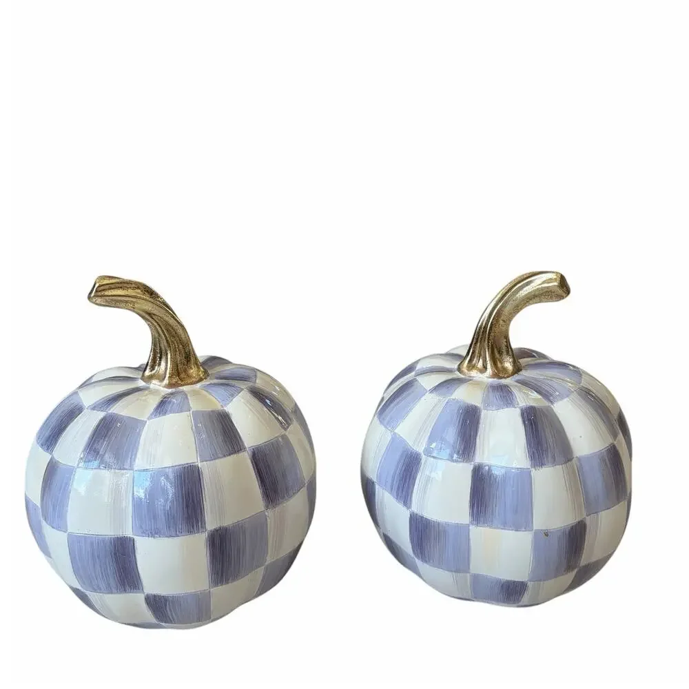 NEW MacKenzie-Childs Classic Violet Check Mini Pumpkin Set of 2 in Original Box