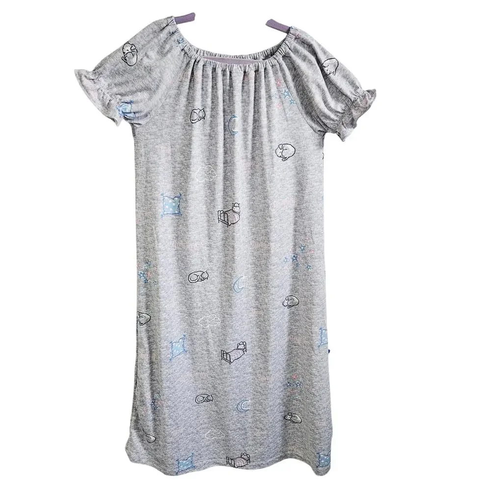 Handmade With Love Nightdown Long Dress Gray Sleepy Print Moon Cat Girls 6X