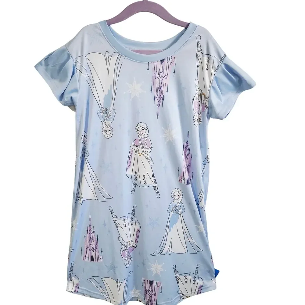 Disney Frozen Nightgown Pajama Dress Pastel Blue Elsa Anna Snowflake Size 8