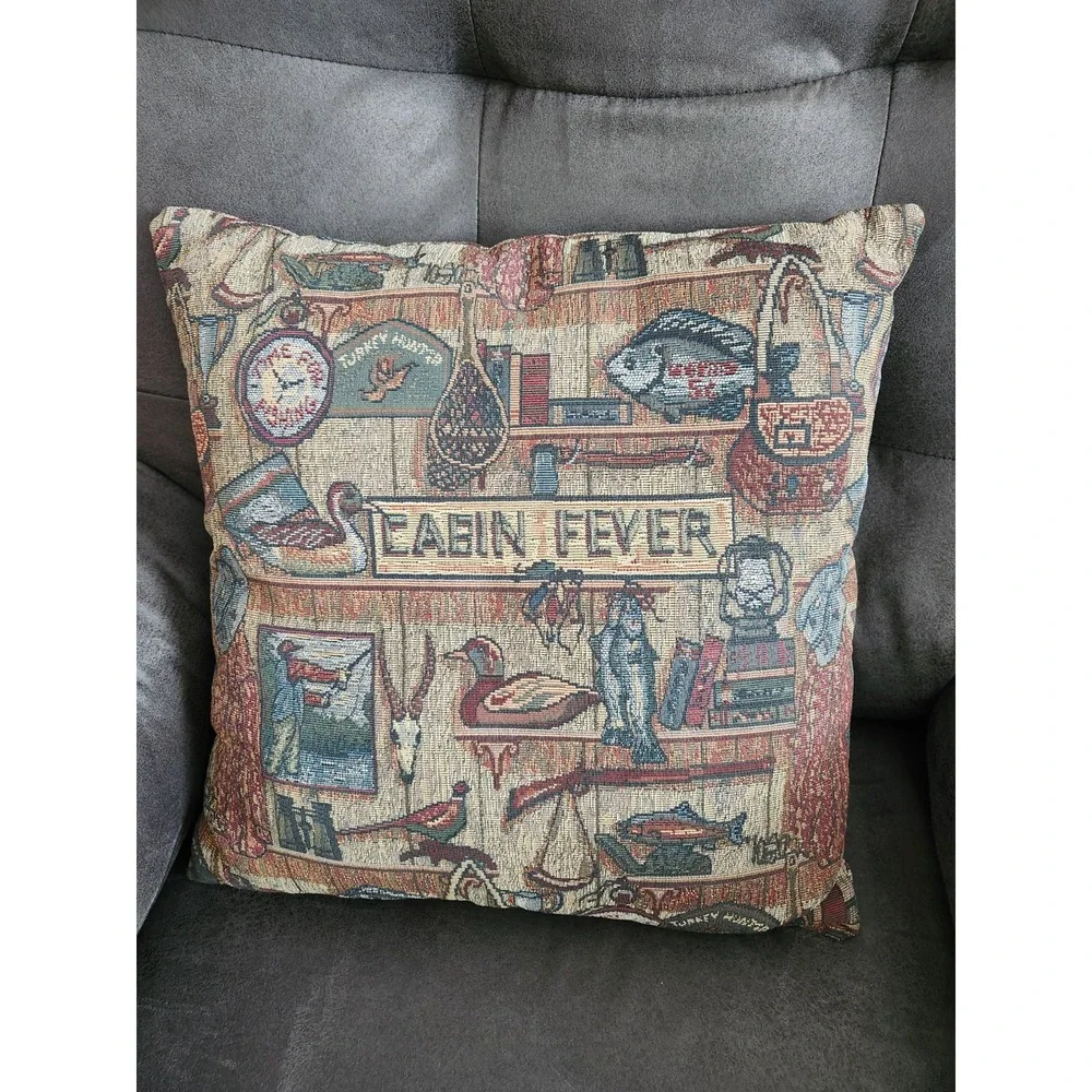 Woven Tapestry Cabin Pillow Rustic Lodge Camping Fishing Couch Vacation Home