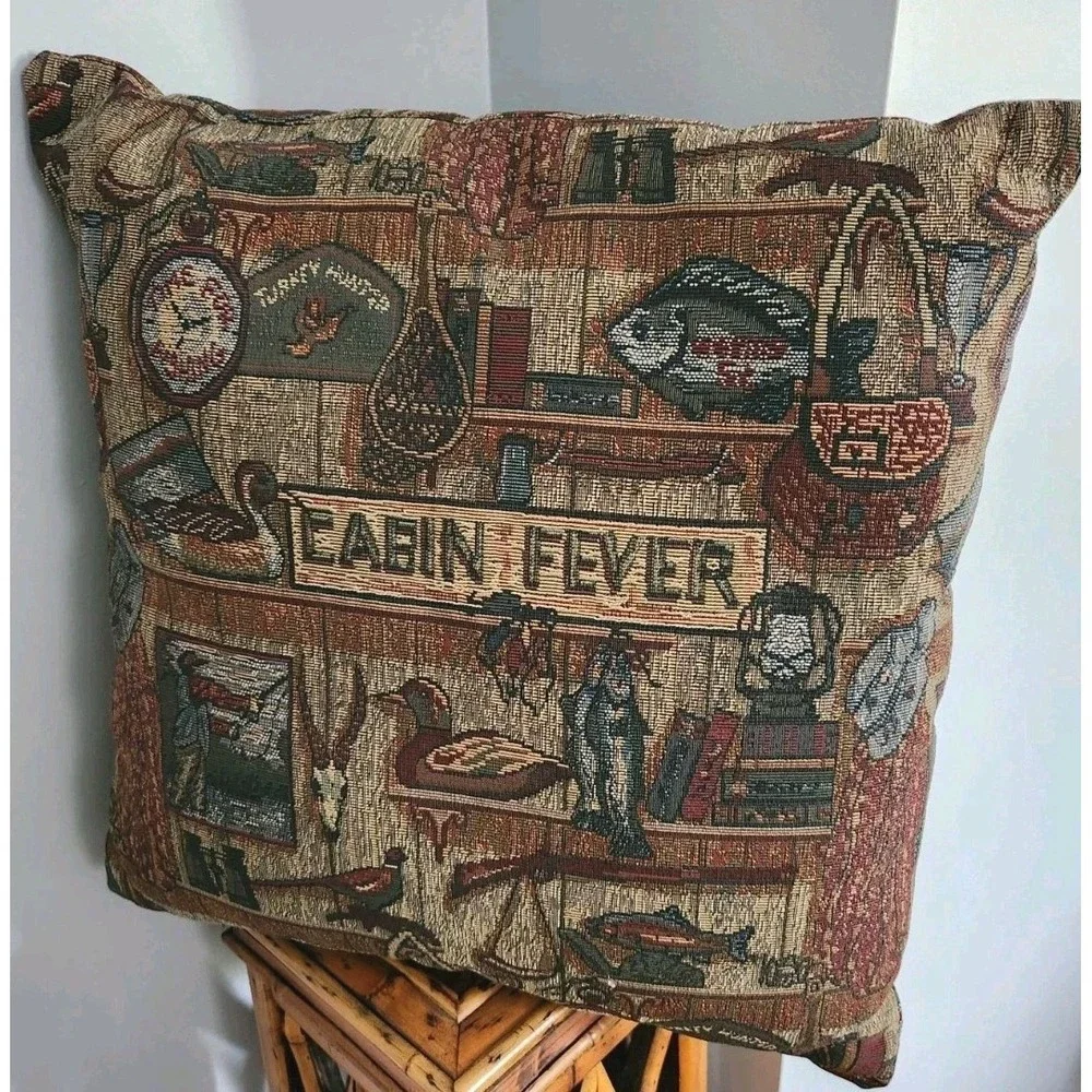 Woven Tapestry Cabin Pillow Rustic Lodge Camping Fishing Couch Vacation Home