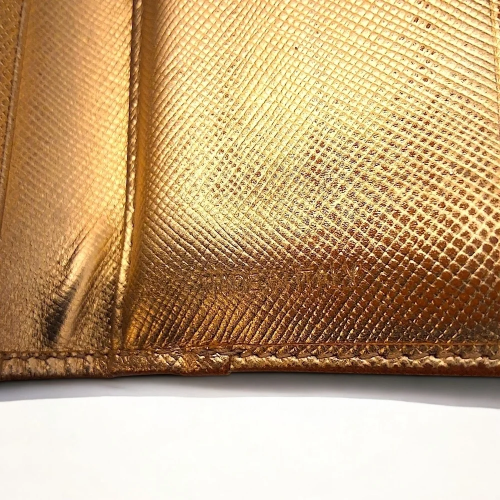 Prada Saffiano Leather Compact Wallet in Metallic Oro Gold with COA