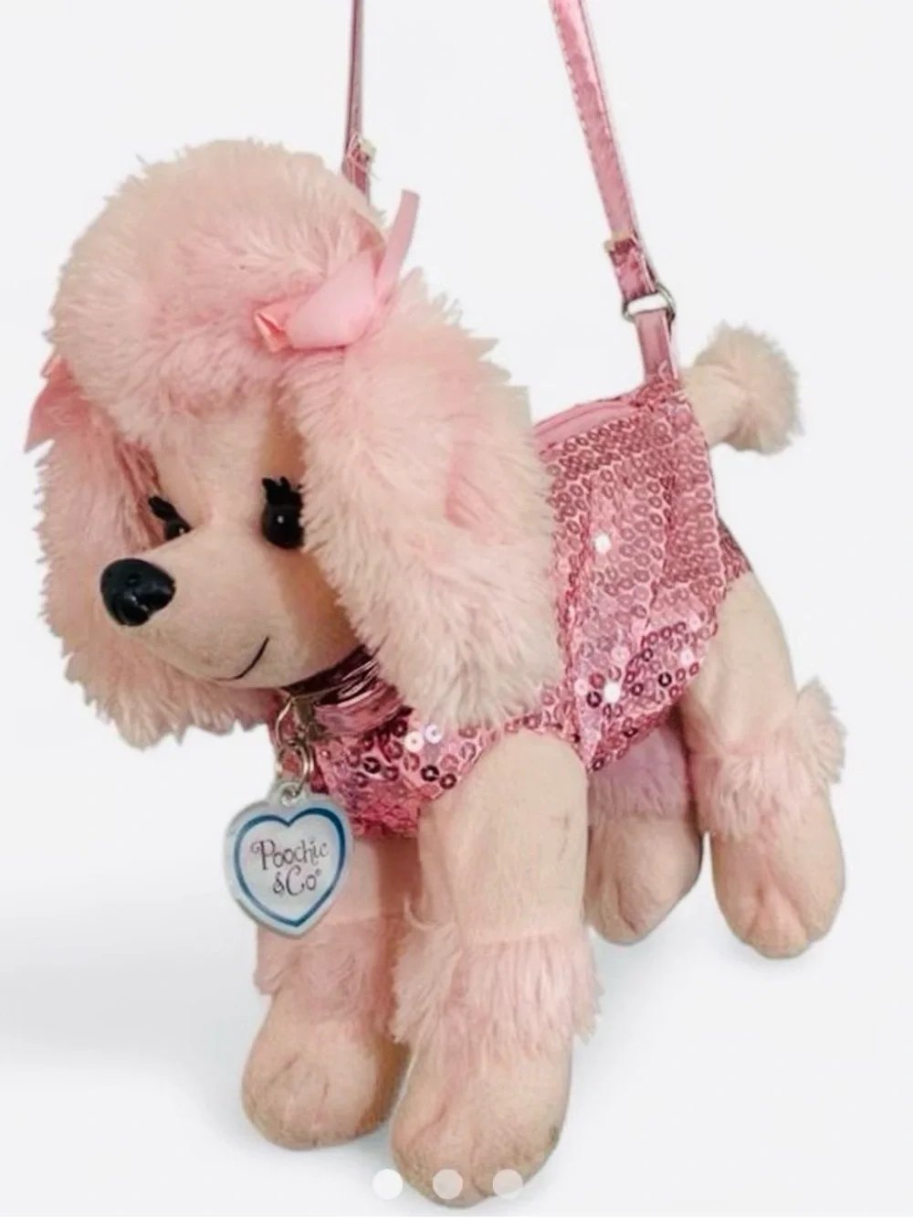 Poochie & Co. Bubblegum Pink Plush Poodle Purse with Sequins. Zips open EC