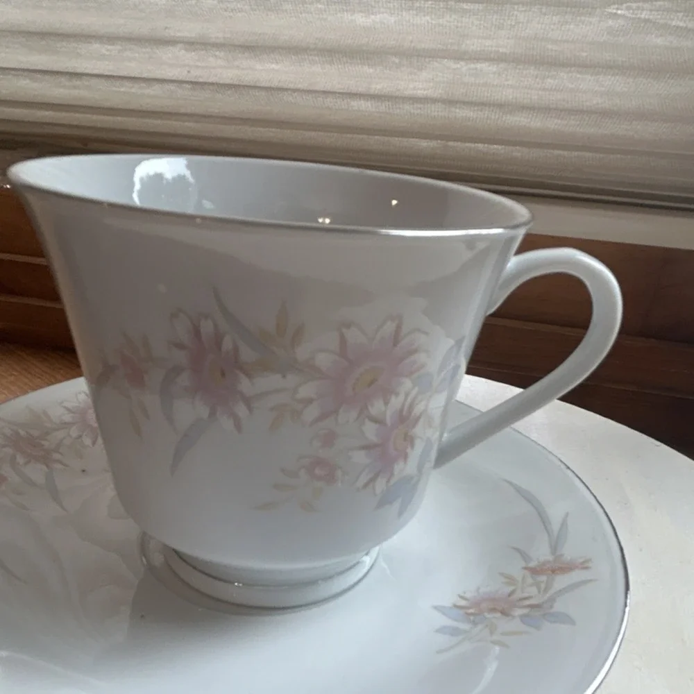 Porcelain Floral Painted Cup & Saucer Set White Pink Gray Two-Piece VTG