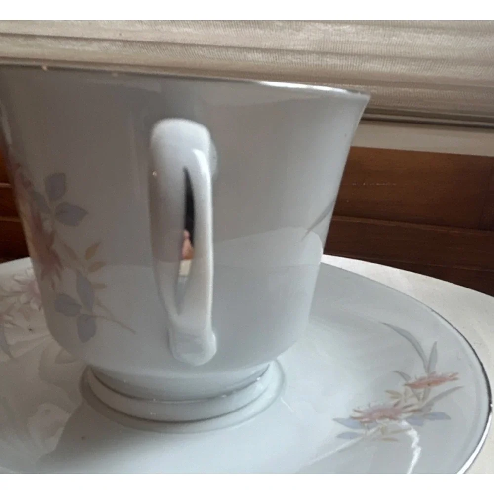 Porcelain Floral Painted Cup & Saucer Set White Pink Gray Two-Piece VTG