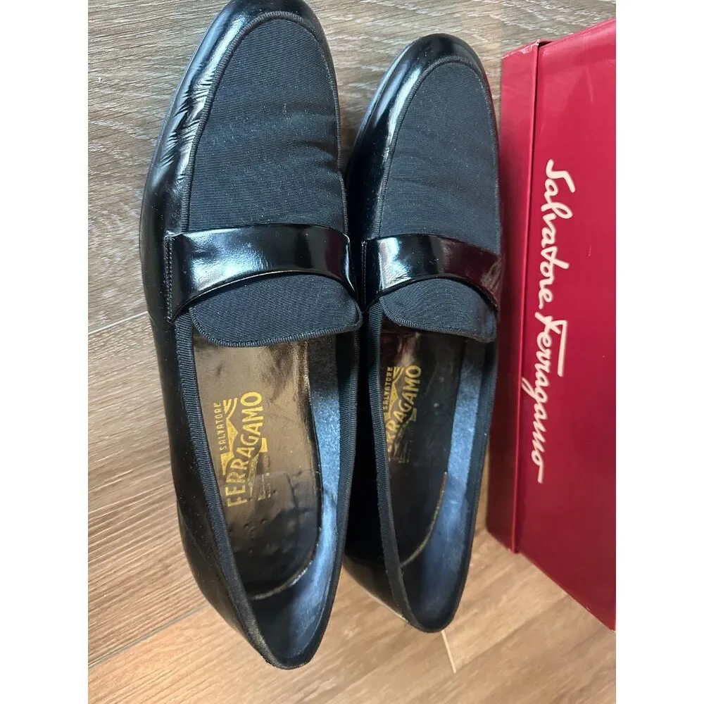 Vintage Mens Black Patent Fabric Tuxedo Slip On Loafers Size 12 B