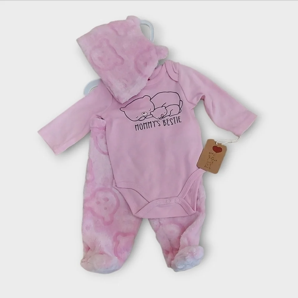 NWT Cozy 3 Pc Pink Mommy's Bestie Bear Bodysuit Set ~sz 3M