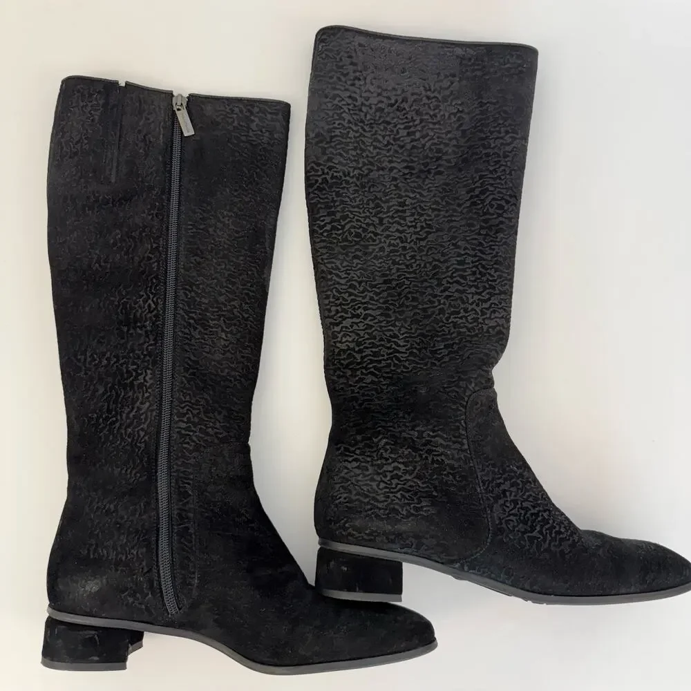 Aquatalia Weatherproof Tall Boots Black Suede Animal Print Block Heel Size 8.5