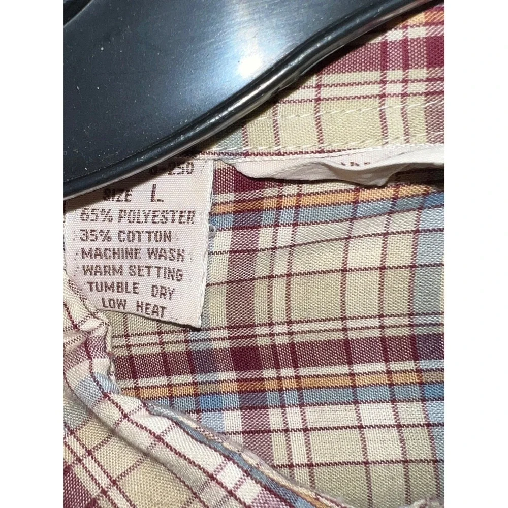 Vintage Levis Sportswear Mens Large Plaid Button Shirt Tan Burgundy Long Slv