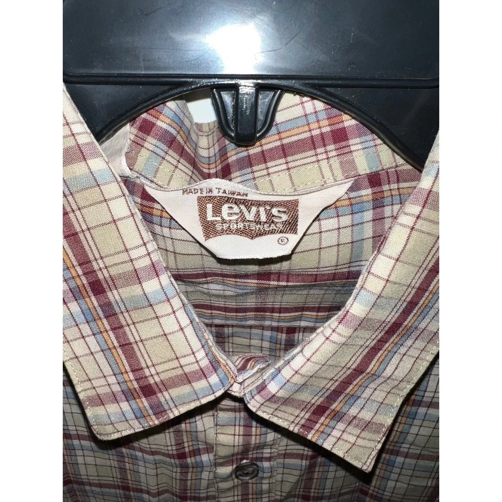 Vintage Levis Sportswear Mens Large Plaid Button Shirt Tan Burgundy Long Slv