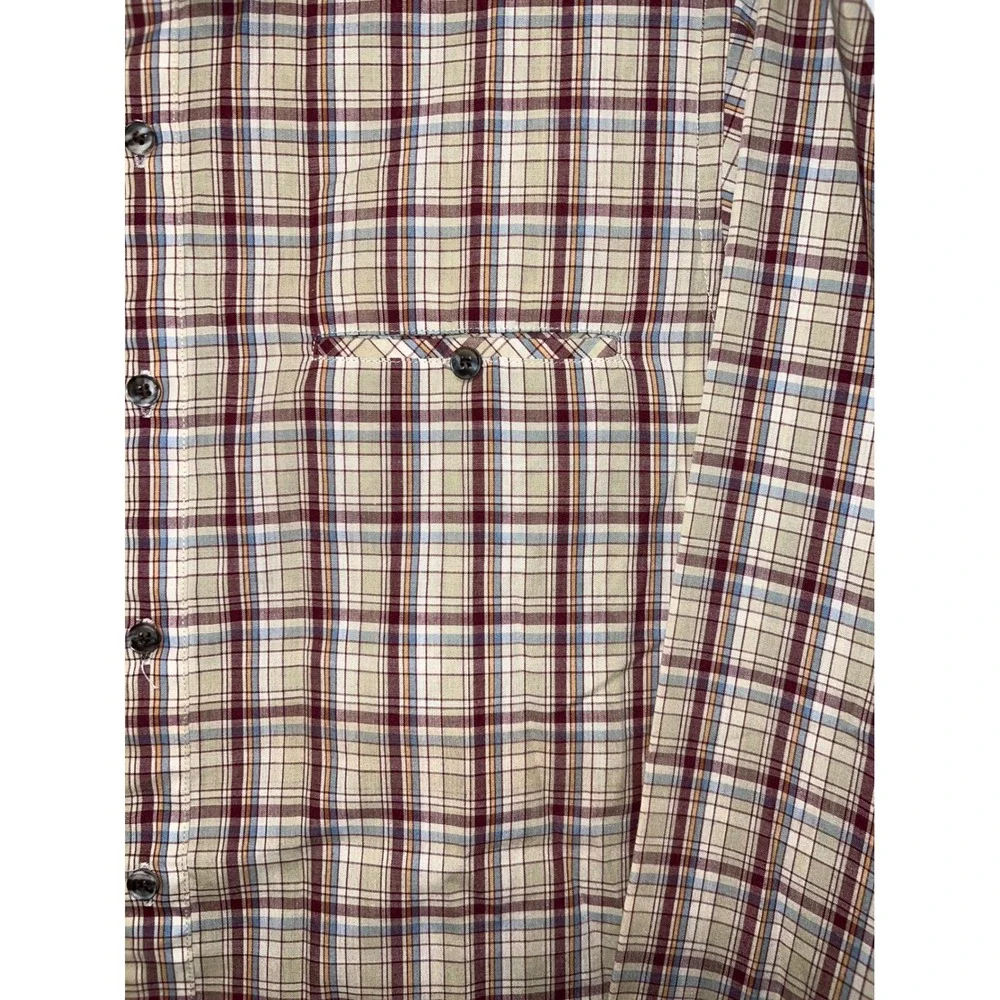 Vintage Levis Sportswear Mens Large Plaid Button Shirt Tan Burgundy Long Slv