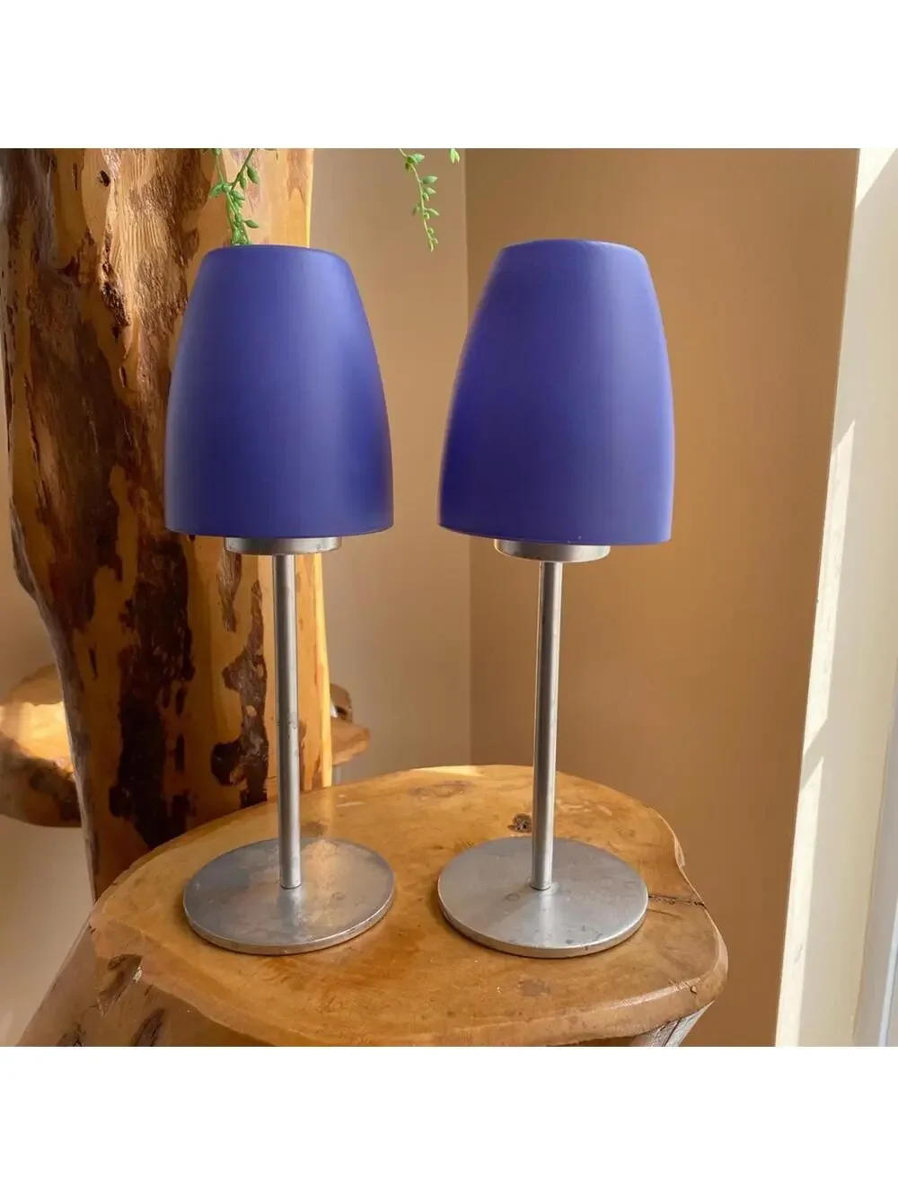 Pair of tealight Table Lamps with Blue Shades