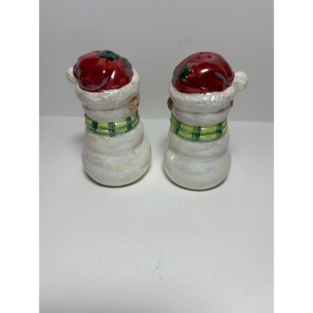 Snowman Salt and Pepper Shaker Set Iridescent Christmas Holiday Decor Ceramic