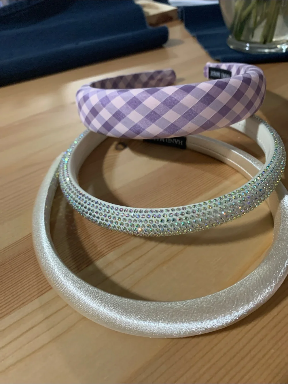 Set of three headbands: Lavender Gingham, Pearl White, and Rhinestones