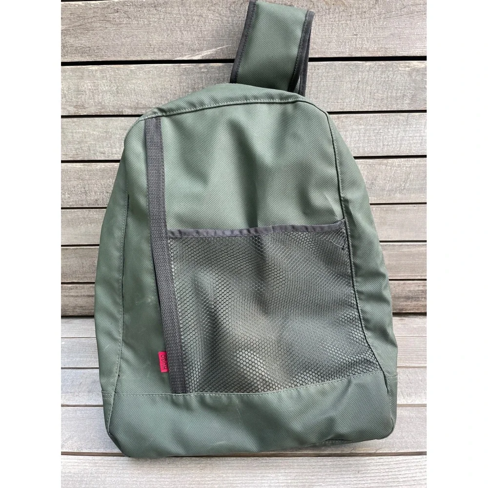 Vintage Hugo Boss Green Canvas Sling Bag Mens Messenger Crossbody Backpack Olive