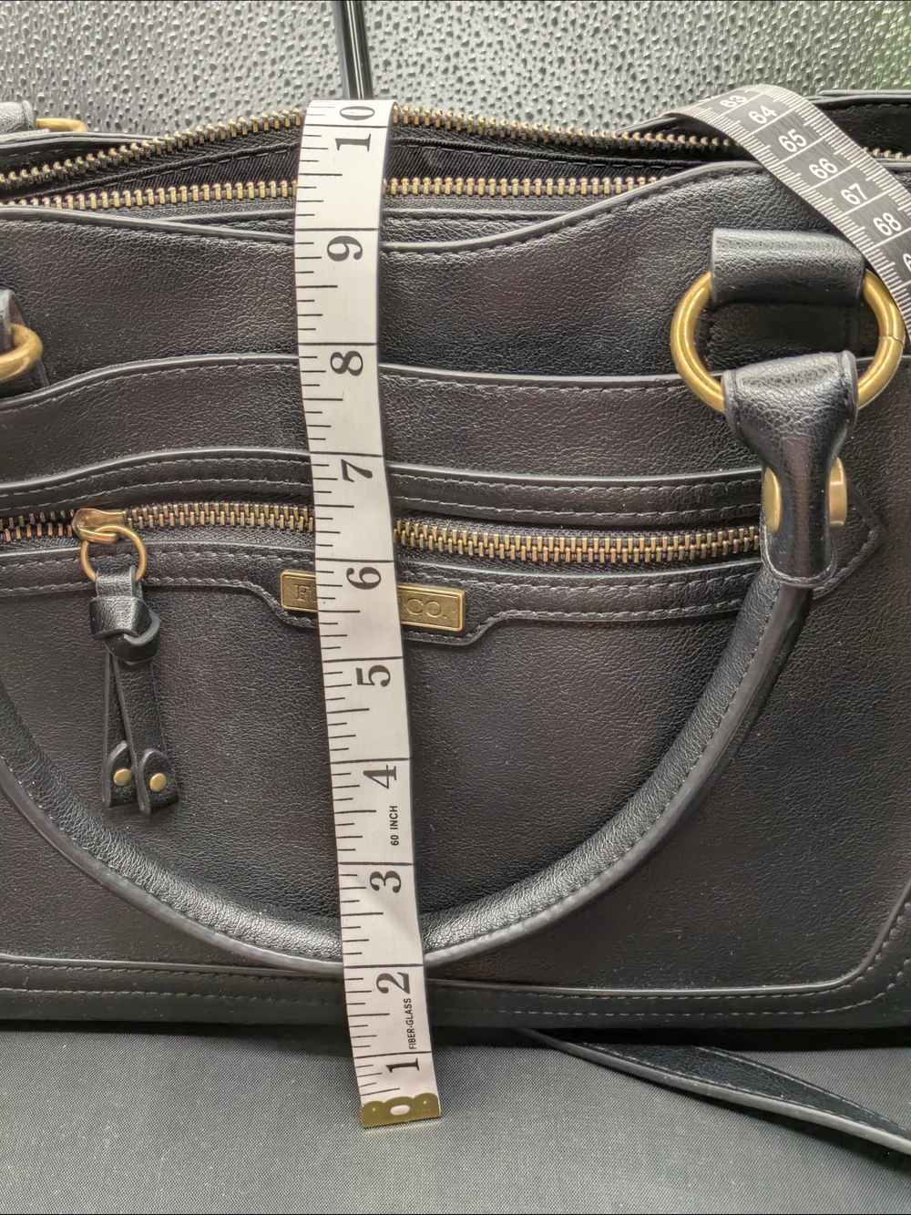 FRYE AND CO. Black Faux Leather Satchel with Brass Hardware