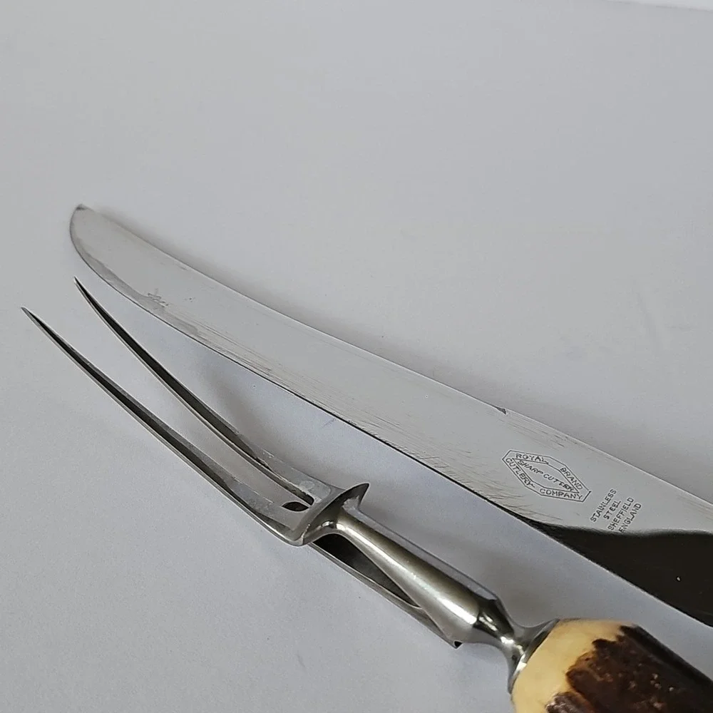 Vtg Royal Brand‎ Sheffield England Carving Set Stag Horn Handle Stainless Steel