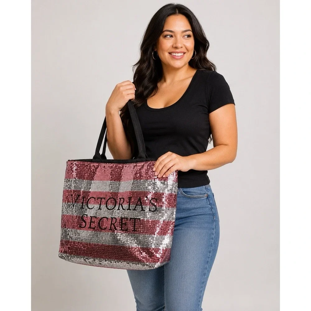 Victoria's Secret Pink Silver Sequin‎ Stripe Tote Bag Large Zip Top Shopper