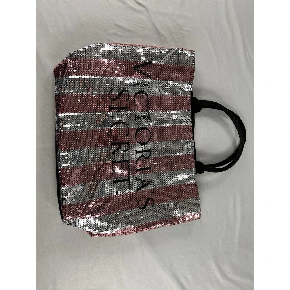 Victoria's Secret Pink Silver Sequin‎ Stripe Tote Bag Large Zip Top Shopper