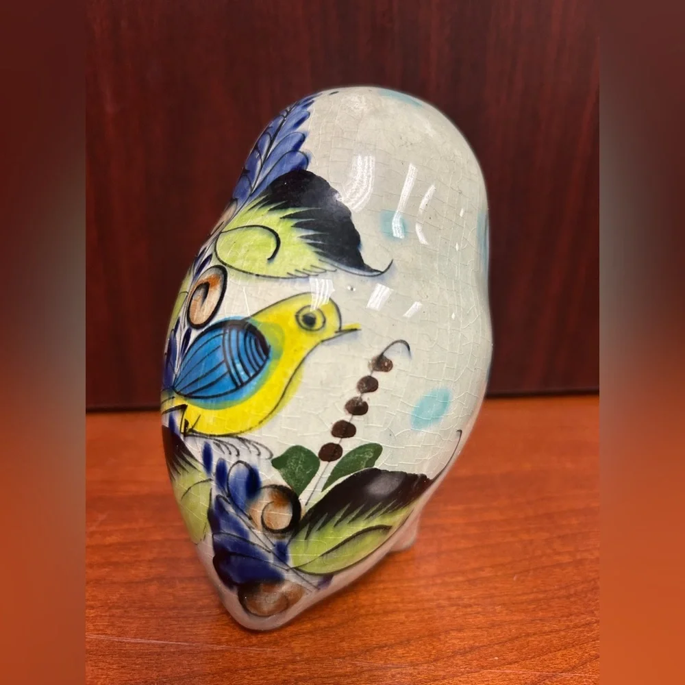 VINTAGE TONALA MEXICAN HAND PAINTED CERAMIC FAT OWL - SIGNED FIGURINE