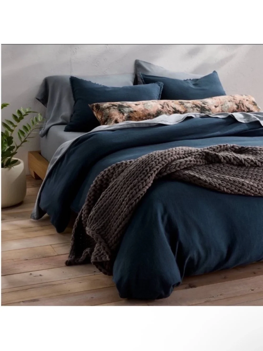 NWT Full/Queen Heavyweight Linen Blend Duvet Cover & Sham Set Dark Mineral Blue