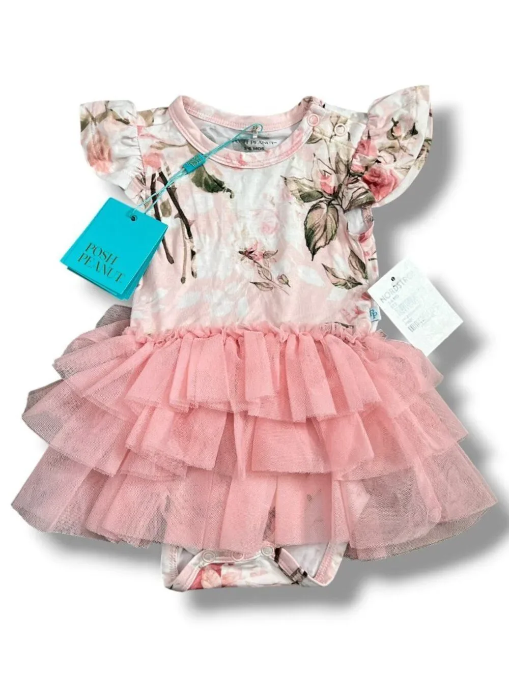 NWT Posh Peanut Short Sleeve Pink Floral Tulle Bodysuit Dress Size 3-6M