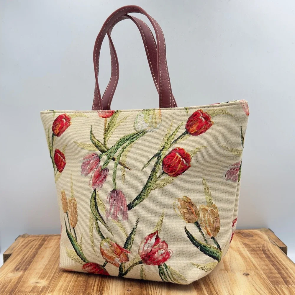 Signare Tapestry Tote Bag Red Tulip Floral Woven Handbag Burgundy Handles
