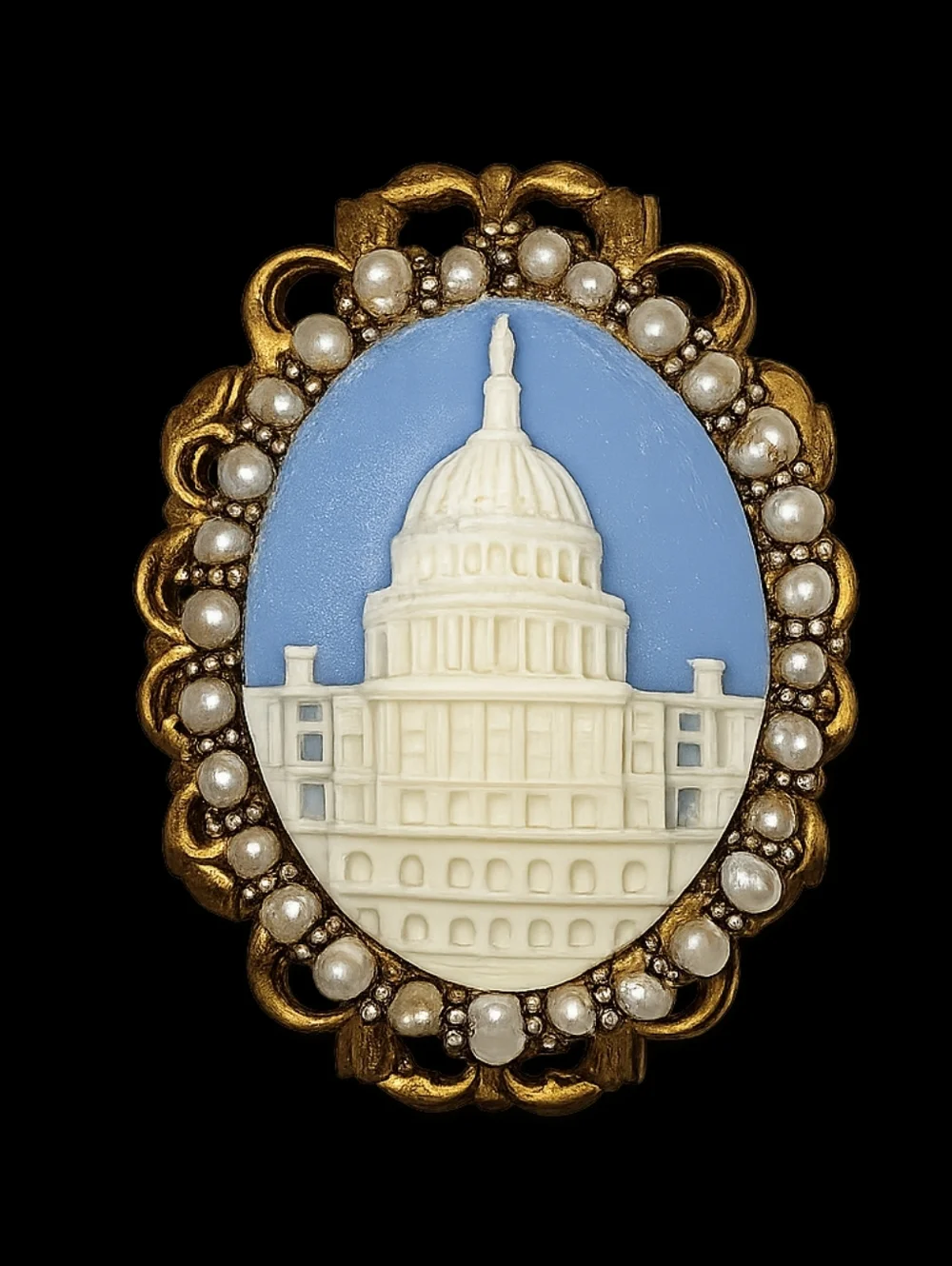 Vintage Cameo Brooch US Capitol Building Blue White‎ Faux Pearl Gold Tone
