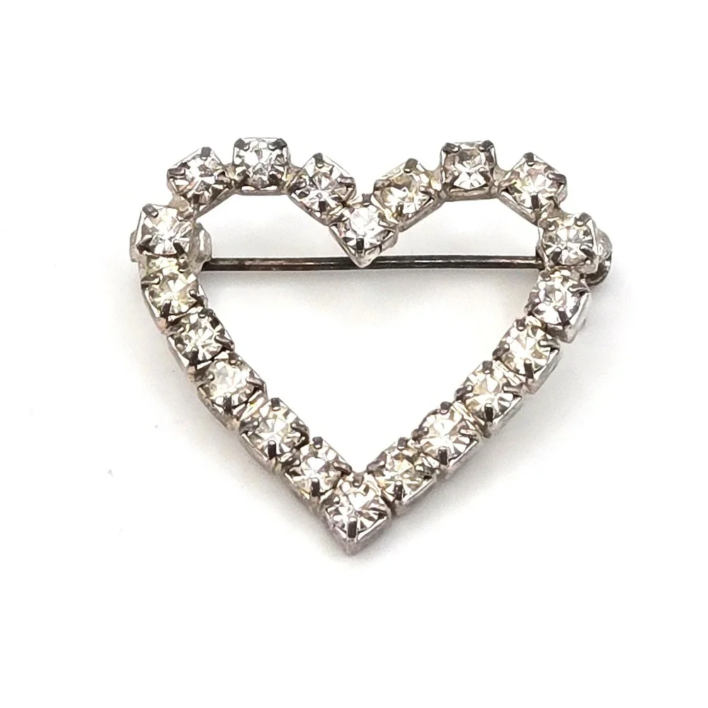 Vintage‎ Heart Brooch Lot 3pc Rhinestone Love Script Gold Tone Enamel Bar Pin