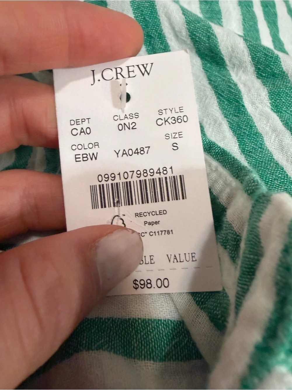 J. Crew 100% cotton