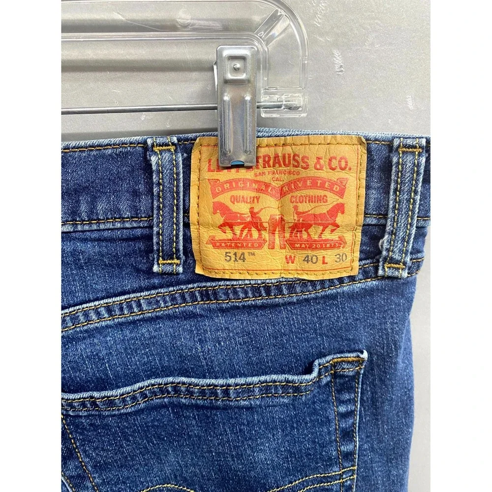 Levi's 514 Jeans Mens 40x30 Blue Denim Stretch Dark Wash Whiskered Straight Leg