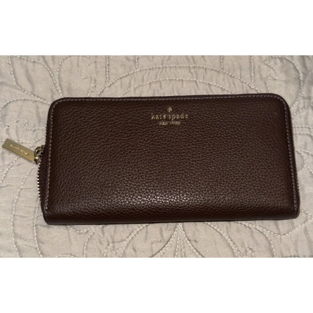 Chocolate Brown Kate Spade Wallet Pebble Leather Zip Around Leila Lg Card Slots